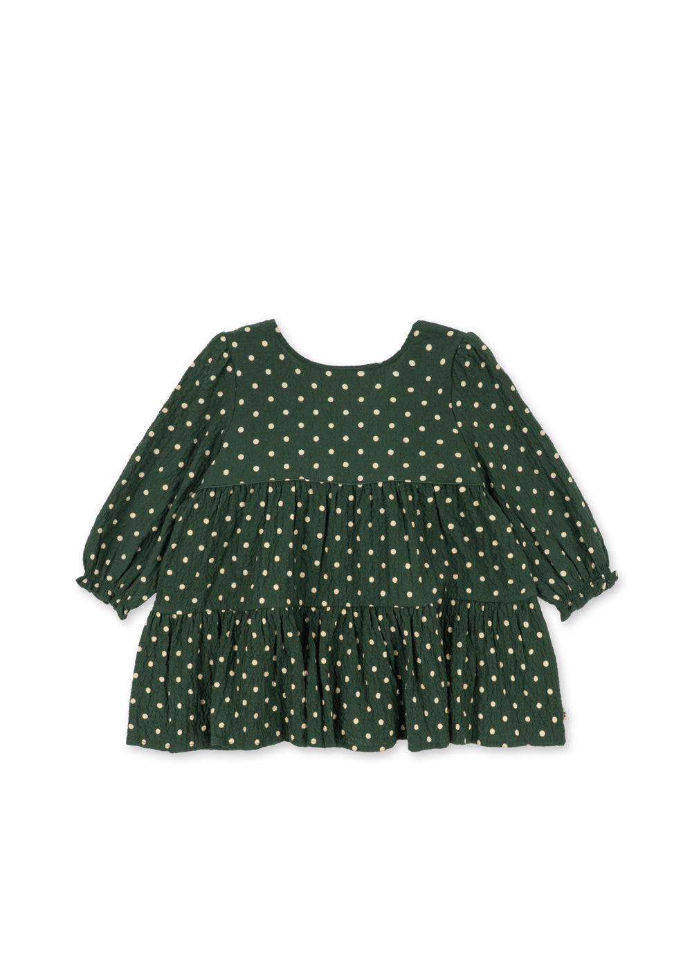 Front view of the Konges Sløjd Elin long-sleeve bow dress in Dot Marseille on a white background.