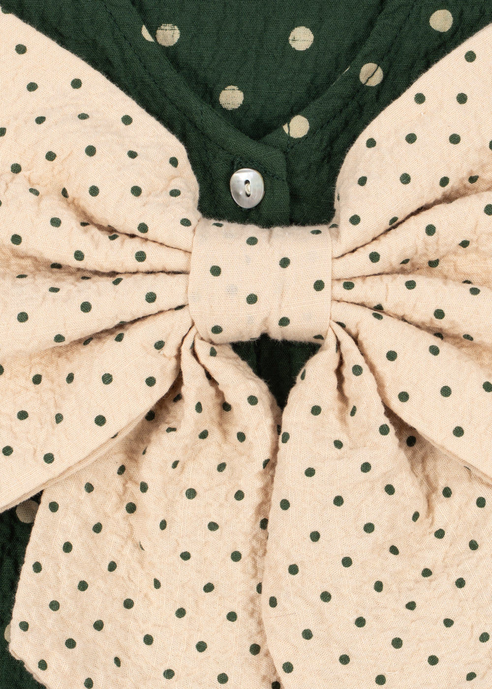 Close-up of the Konges Sløjd Elin long-sleeve bow dress in Dot Marseille.