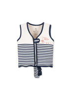 Front view of a Konges Sløjd Ellis swim vest in Marin stripe on a white background