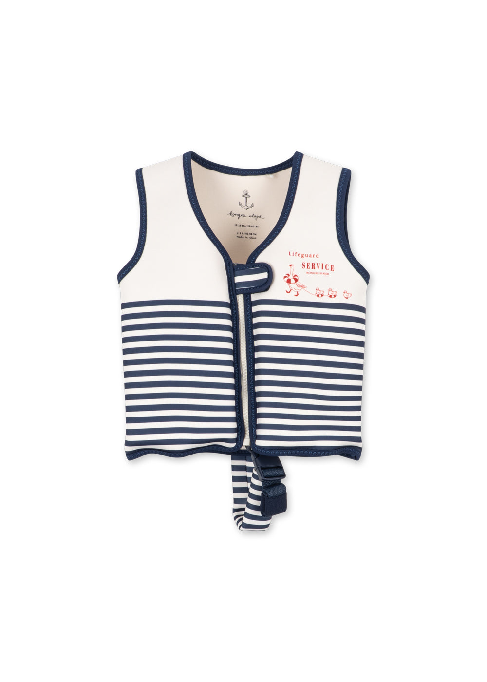Front view of a Konges Sløjd Ellis swim vest in Marin stripe on a white background