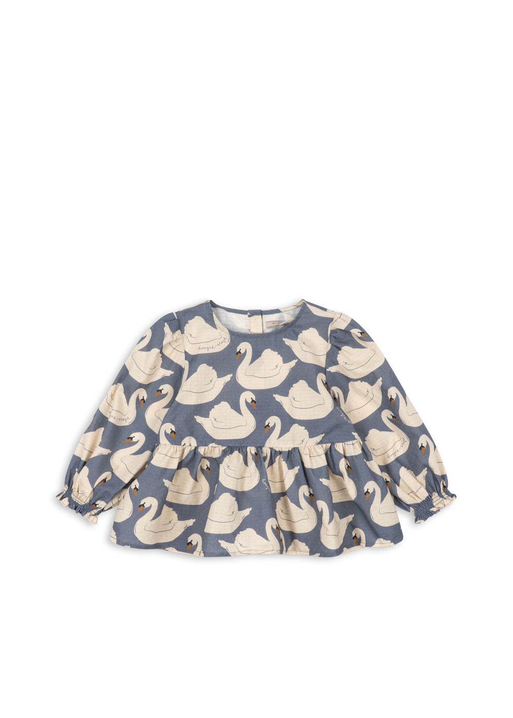 Front view of the Konges Sløjd Evia blouse in Swan print on a white background.