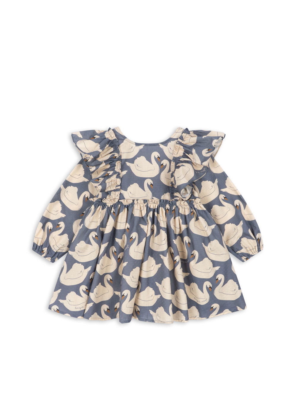 Front view of the Konges Sløjd Evia long-sleeve bow dress in Swan print on a white background.