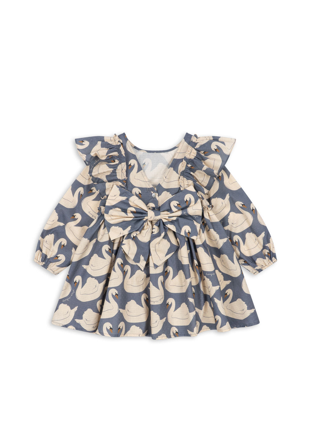 Back view of the Konges Sløjd Evia long-sleeve bow dress in Swan print on a white background.