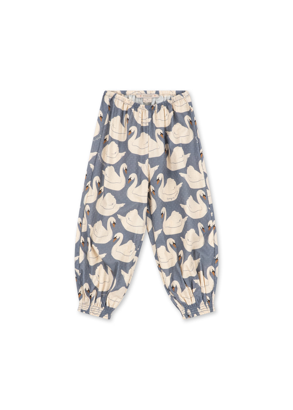 Front view of the Konges Sløjd Evia pants in Swan print on a white background.