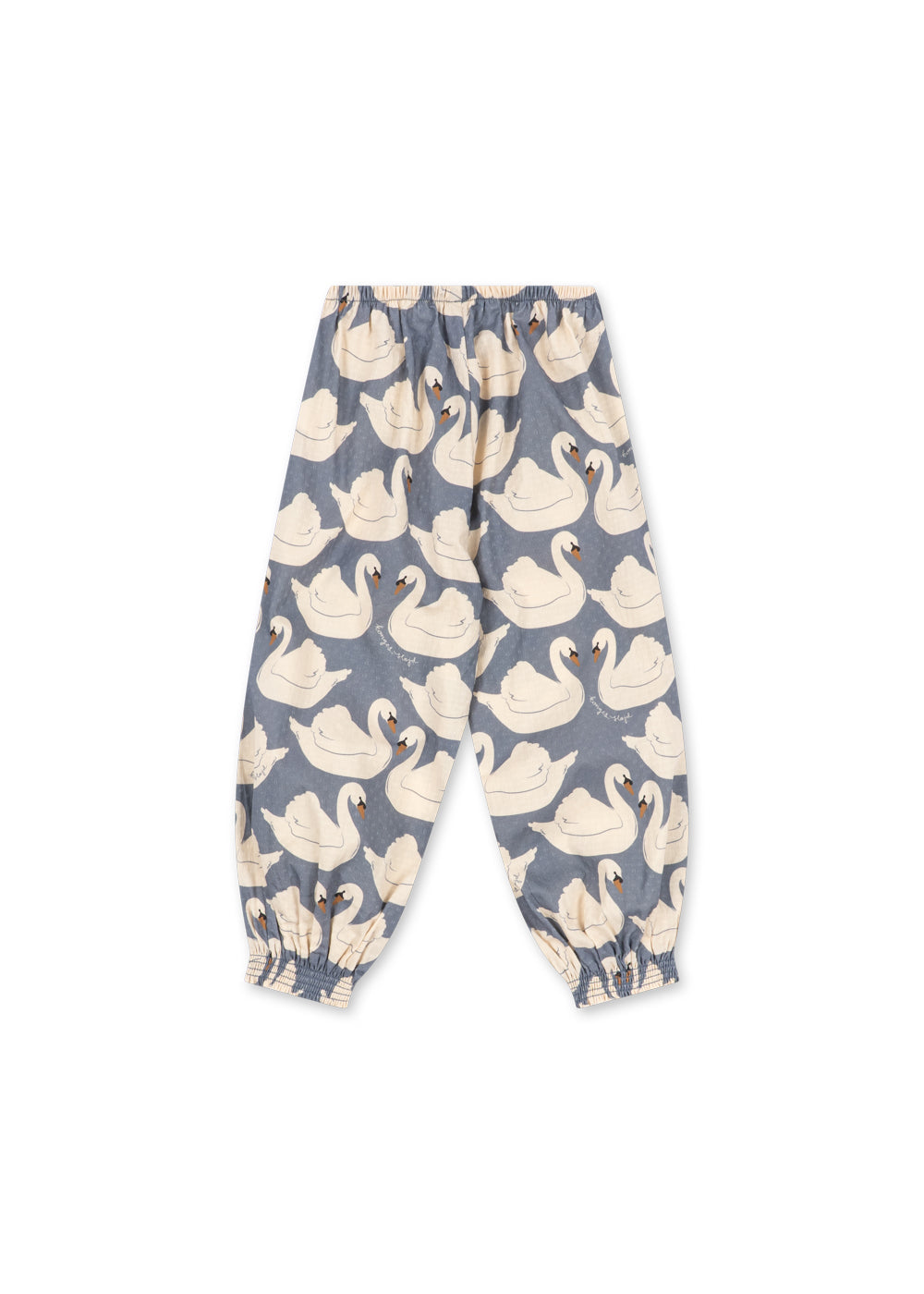 Back view of the Konges Sløjd Evia pants in Swan print on a white background.