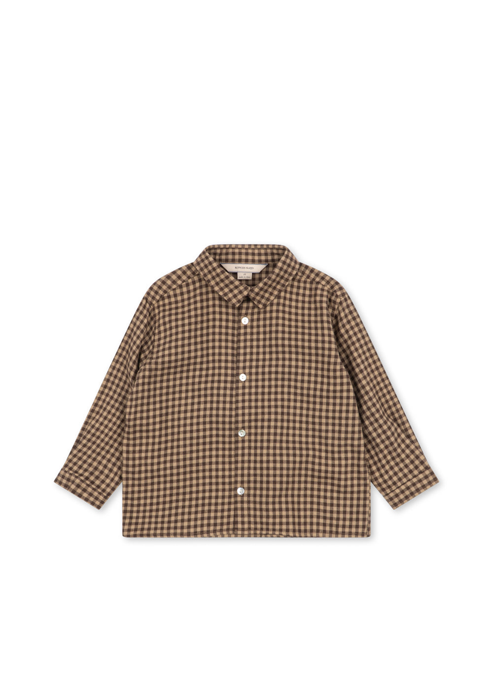 Front view of the Konges Sløjd Foret Long-sleeve Shirt in Chocolate Check on a white background.
