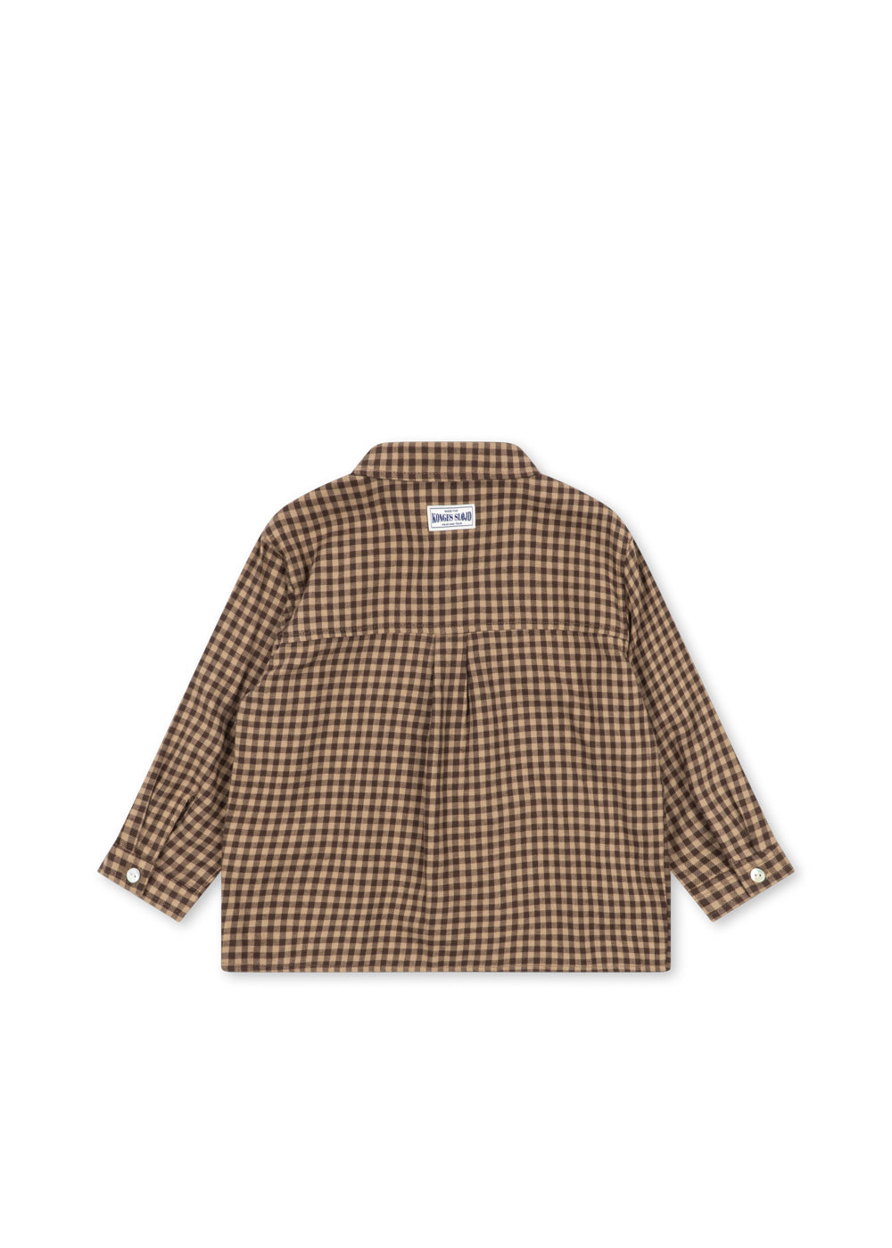 Back view of the Konges Sløjd Foret Long-sleeve Shirt in Chocolate Check on a white background.