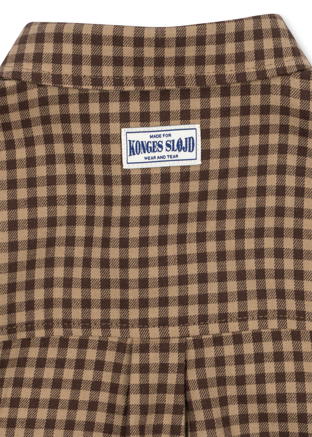Close-up of the Konges Sløjd Foret Long-sleeve Shirt in Chocolate Check on a white background.