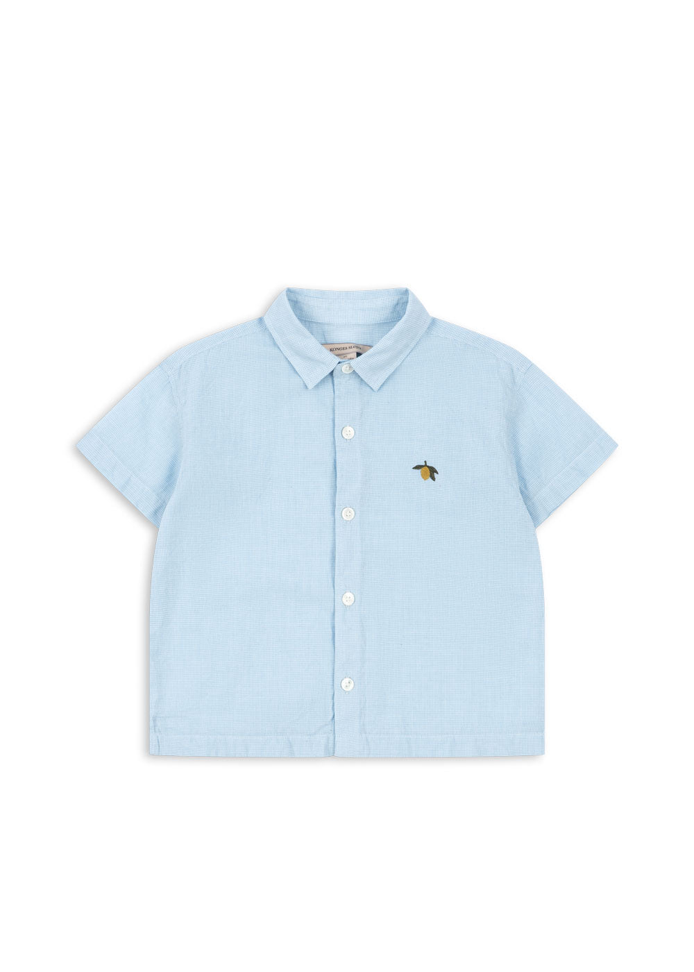 Front view of a Konges Sløjd Fran shirt in blue check on a white background