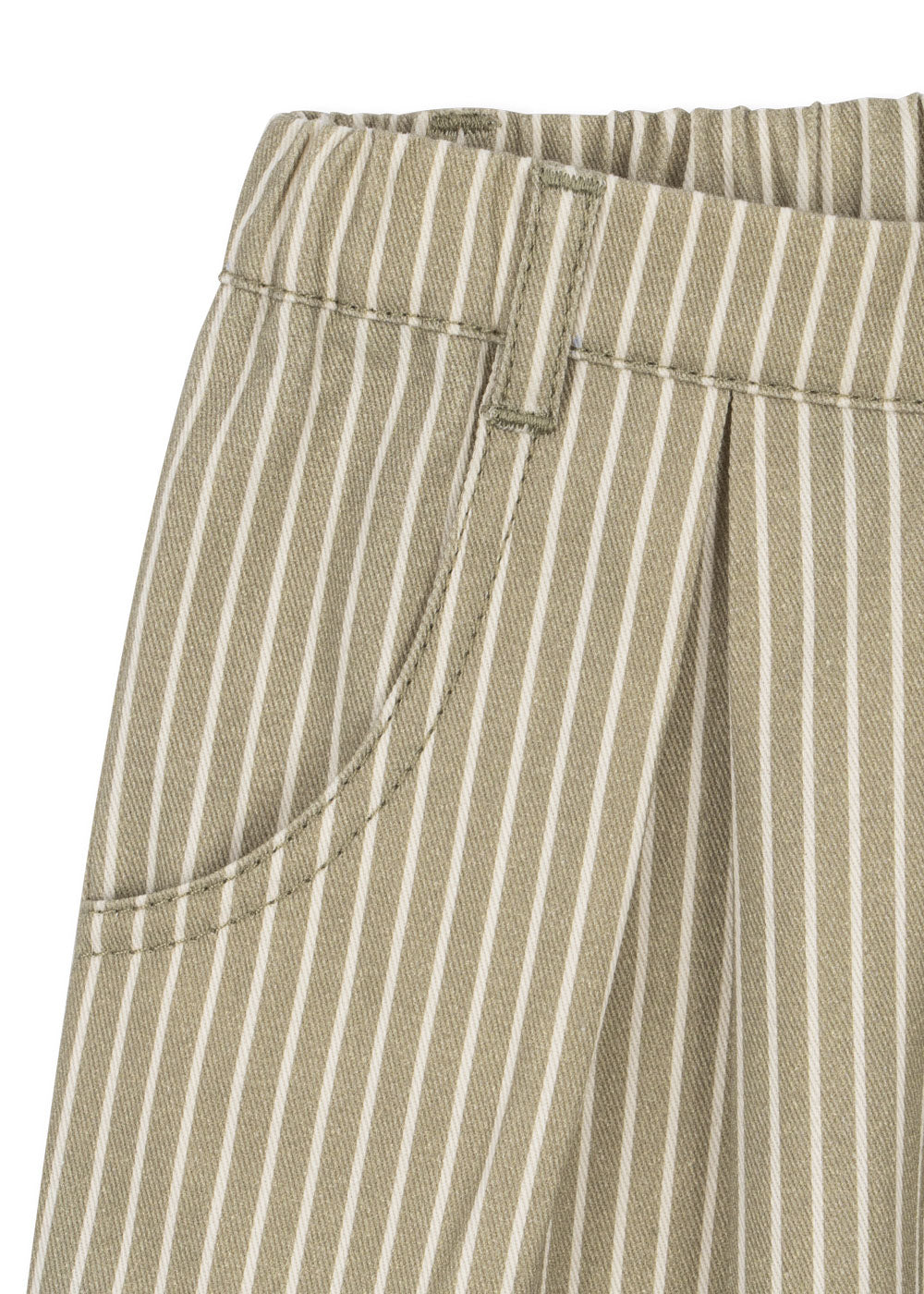 Close-up of Konges Sløjd Frankie pants in Tea stripe fabric and pocket detail