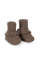 Pair of Konges Sløjd Fruity booties in Bunny Brown, front view on a white background