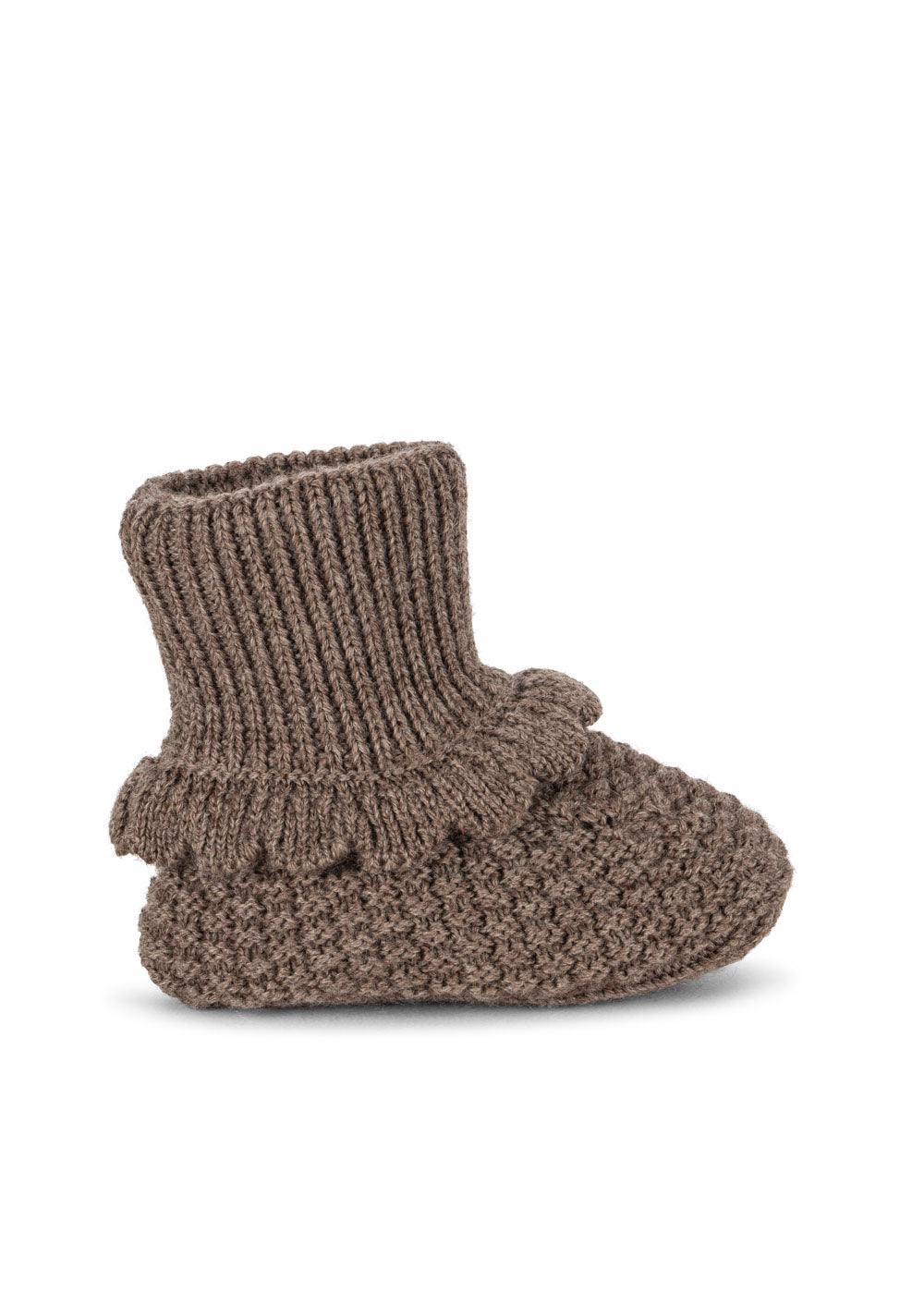 Pair of Konges Sløjd Fruity booties in Bunny Brown, front view on a white background