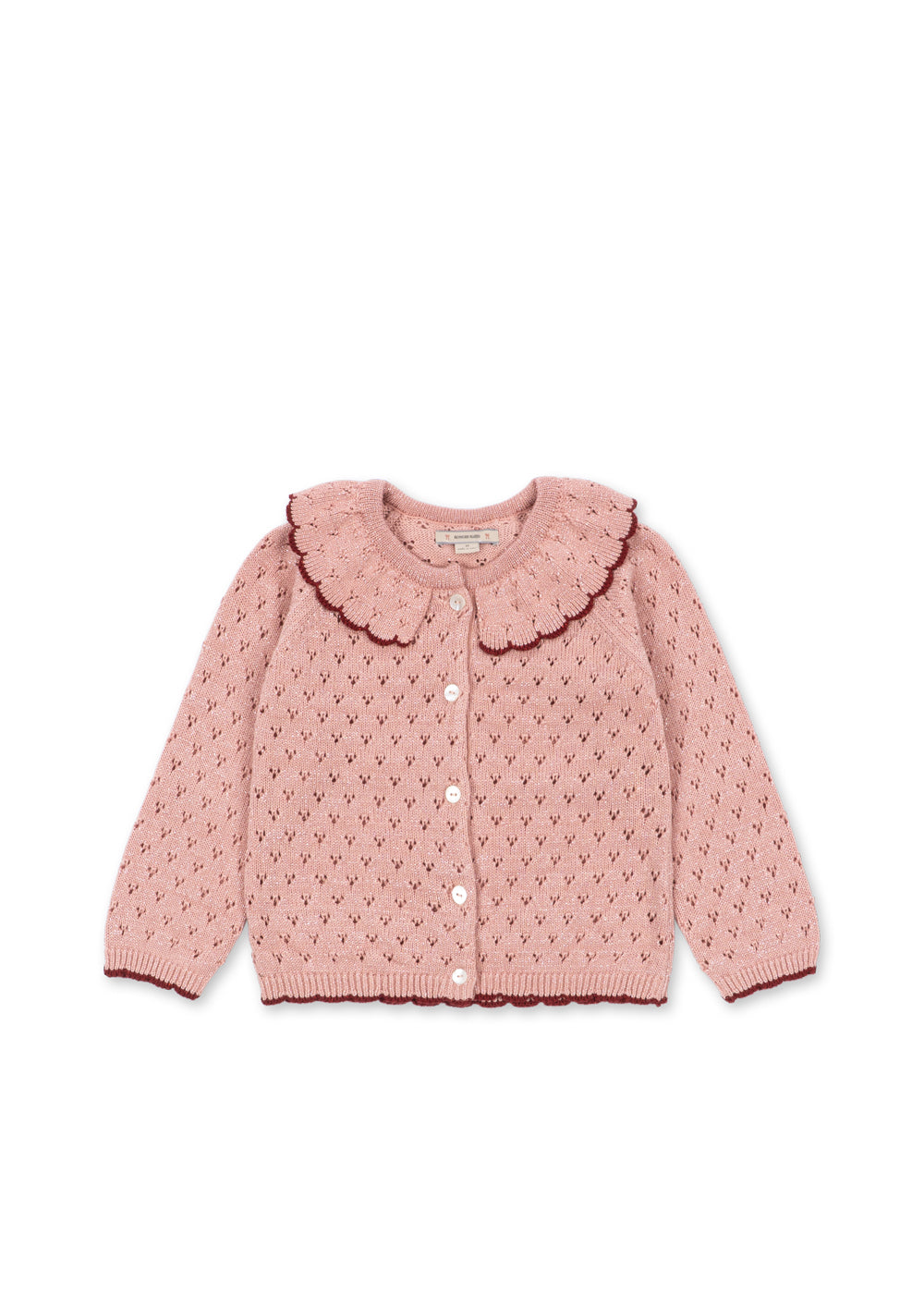 Front view of the Konges Sløjd Holiday Cardigan in Mellow Rose on a white background.