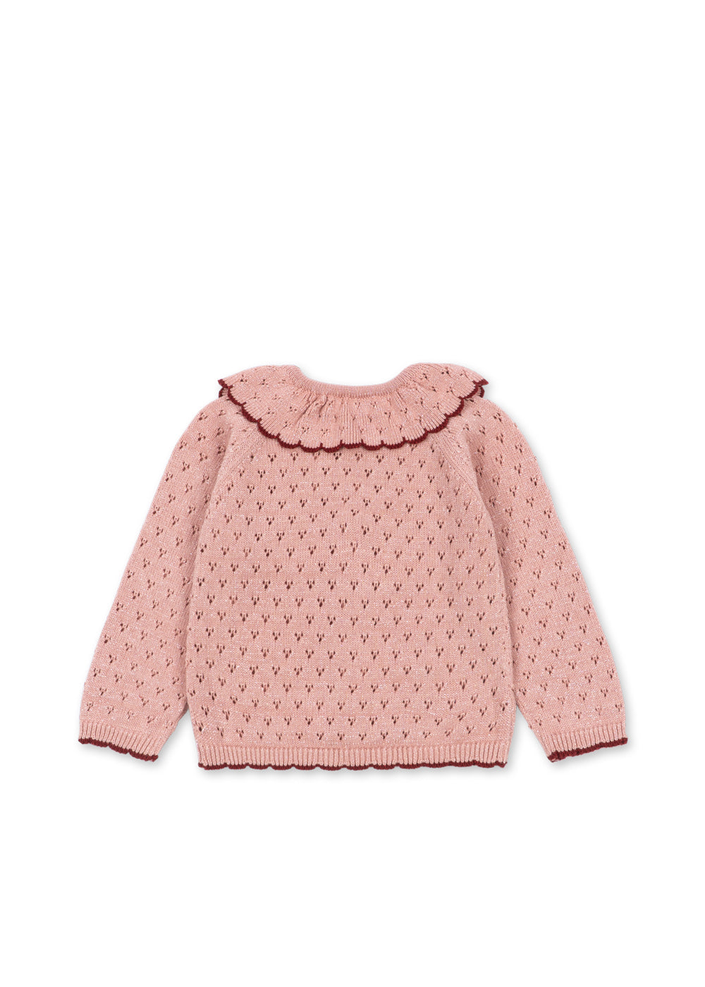 Back view of the Konges Sløjd Holiday Cardigan in Mellow Rose on a white background.