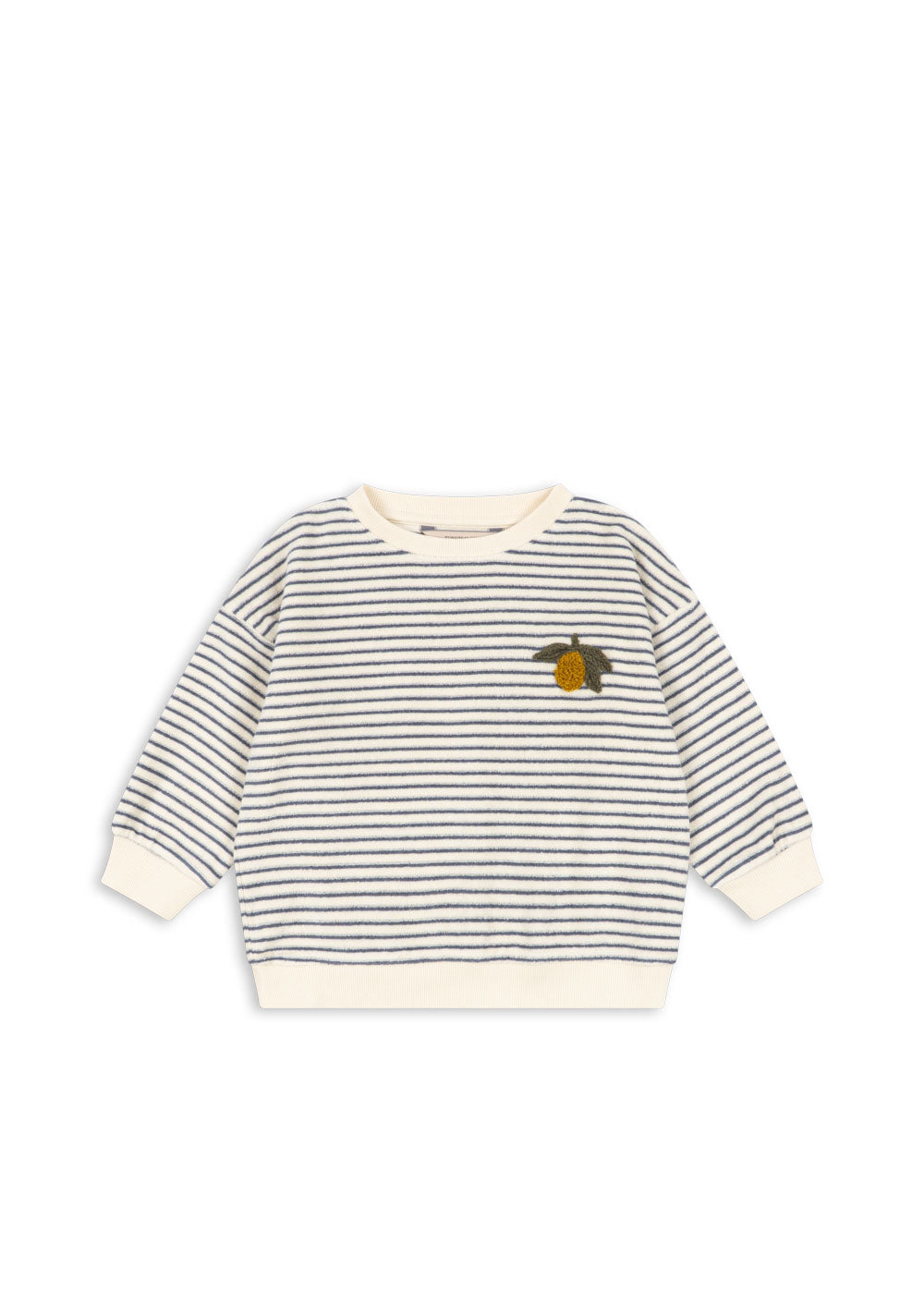 Front view of the Konges Sløjd Itty Sweat Shirt in Flint Stripe on a white background.
