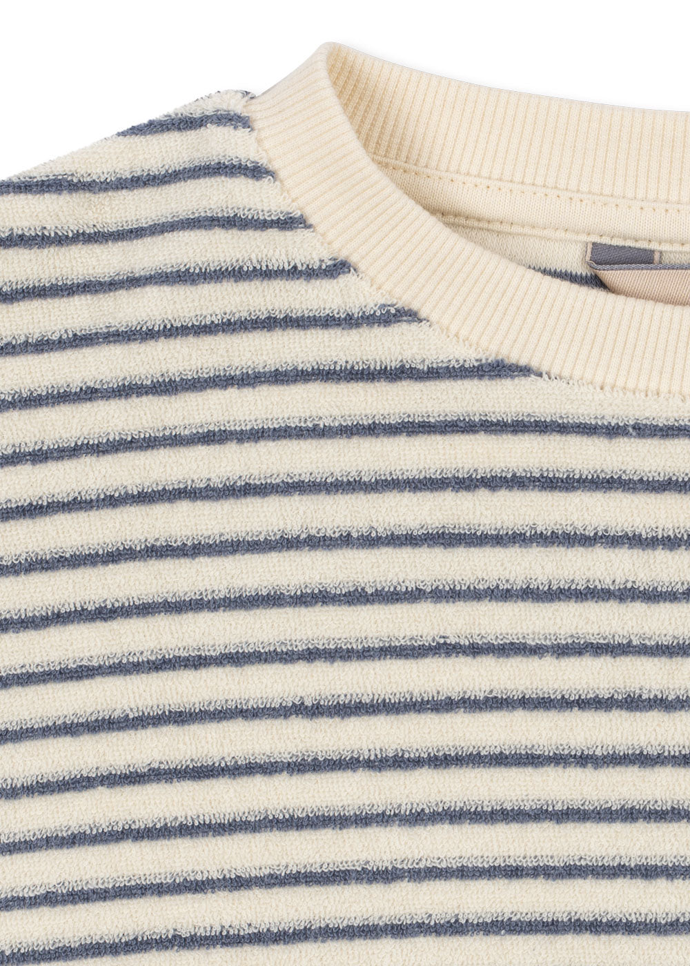 Close-up of the Konges Sløjd Itty Sweat Shirt in Flint Stripe on a white background.
