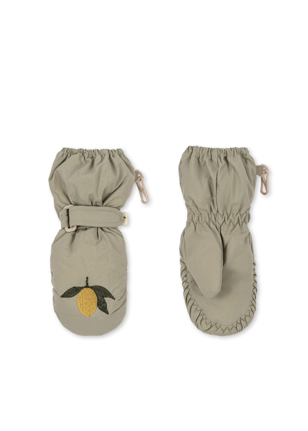 Front and back view of the Konges Sløjd Juno mittens in Laurel Oak on a white background.
