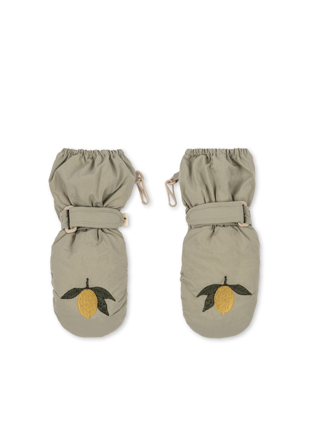 Front view of the Konges Sløjd Juno mittens in Laurel Oak on a white background.