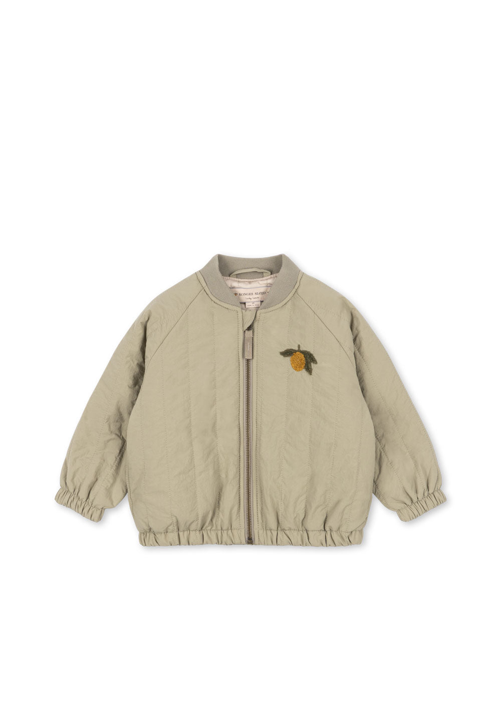 Front view of the Konges Sløjd Juno Terry Bomber jacket in Laurel Oak on a white background.