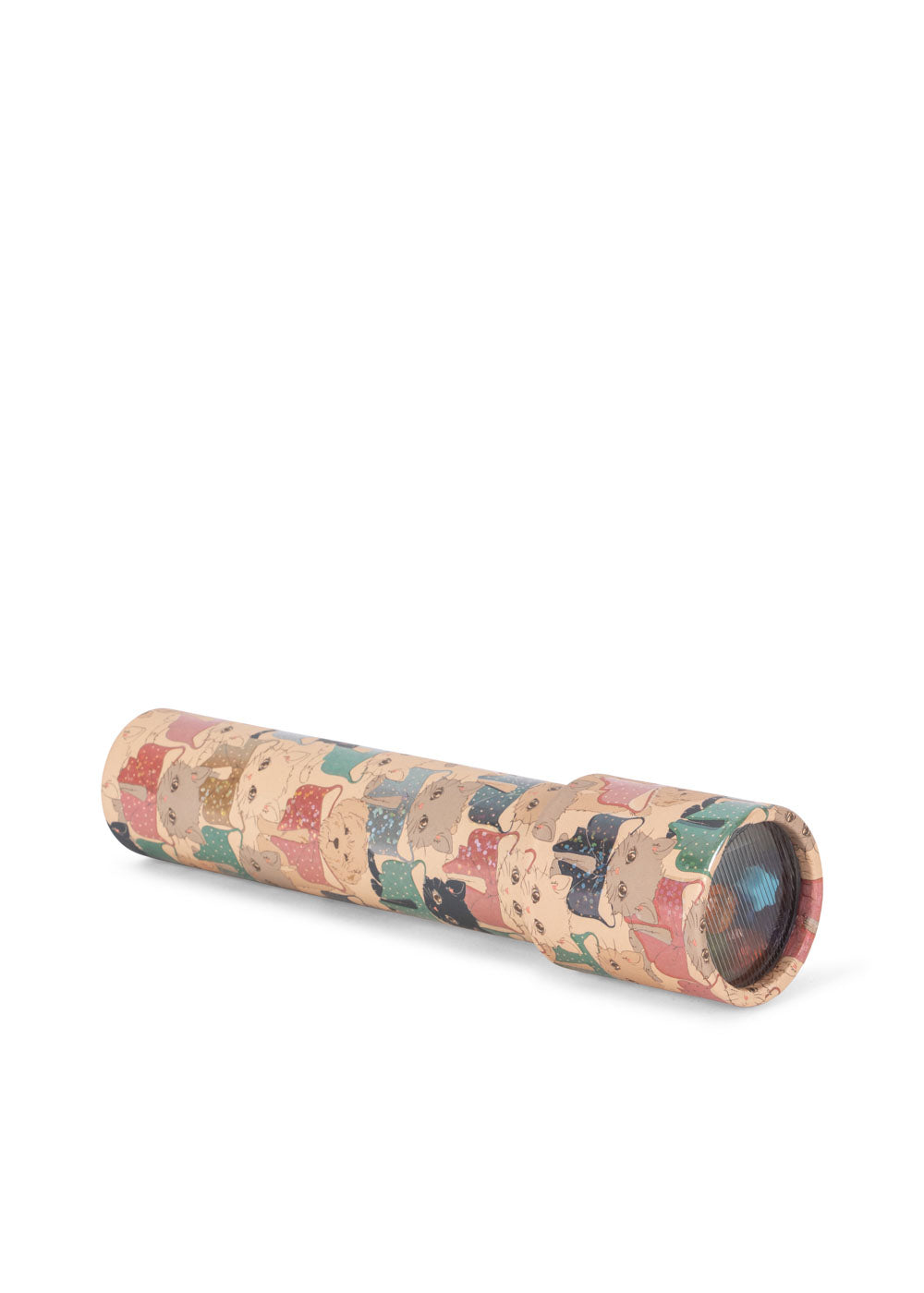 Side view of the Konges Sløjd Kaleidoscope in Like Cats and Dogs print on a white background.