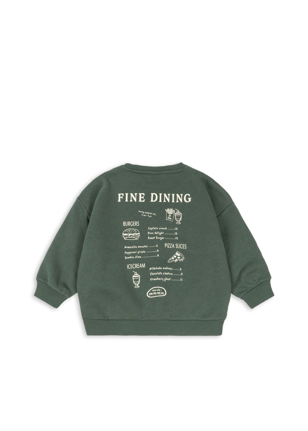 Back view of the Konges Sløjd Lou sweat shirt in Cilantro on a white background