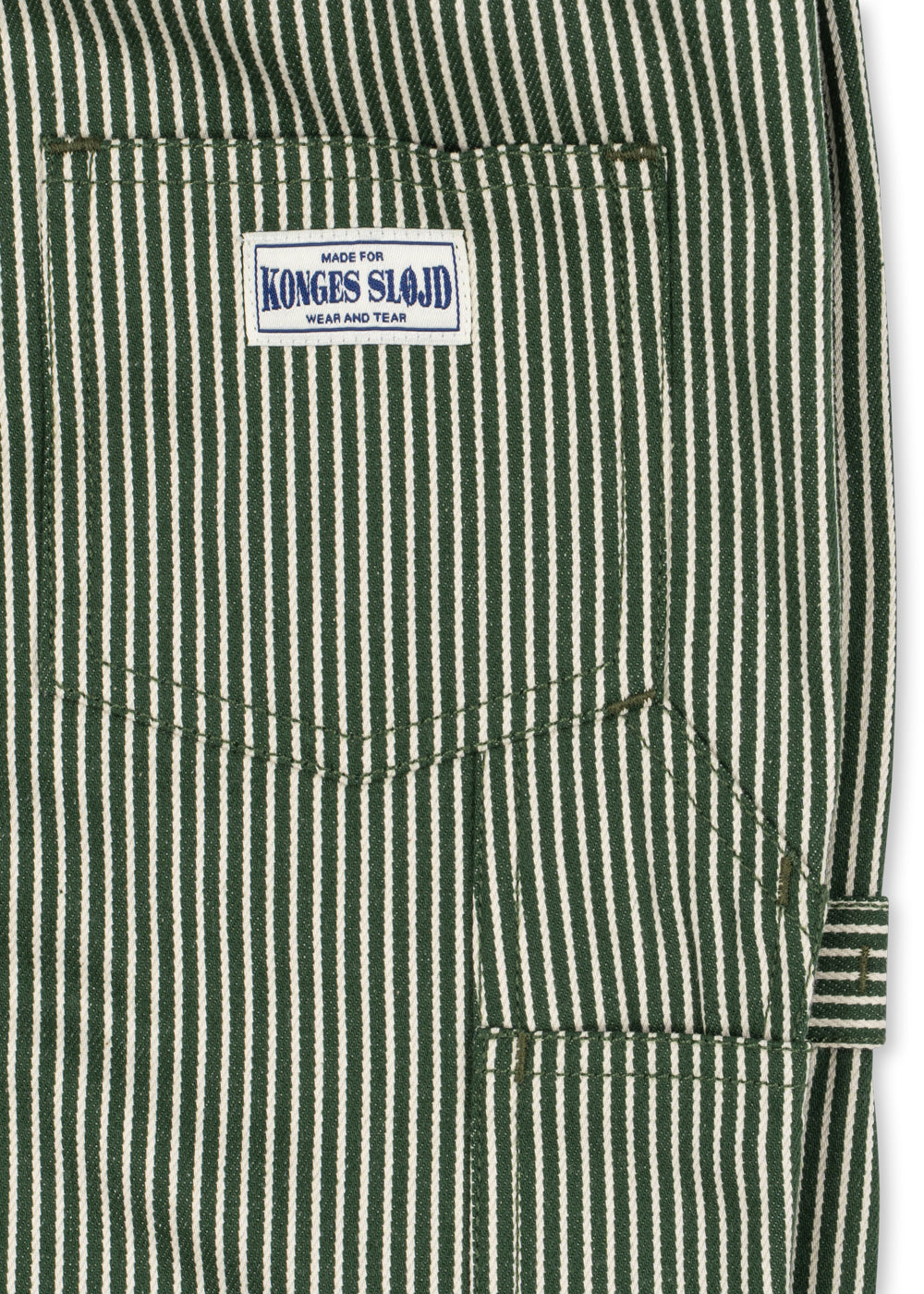 Close-up of the Konges Sløjd Luc Pants in Milk Verte Stripe print on a white background.