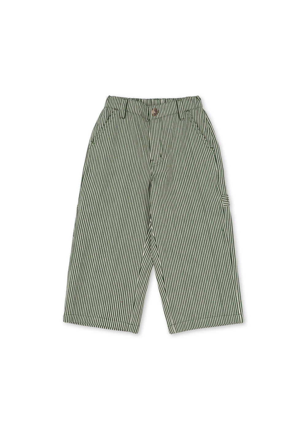 Front view of the Konges Sløjd Luc Pants in Milk Verte Stripe print on a white background.