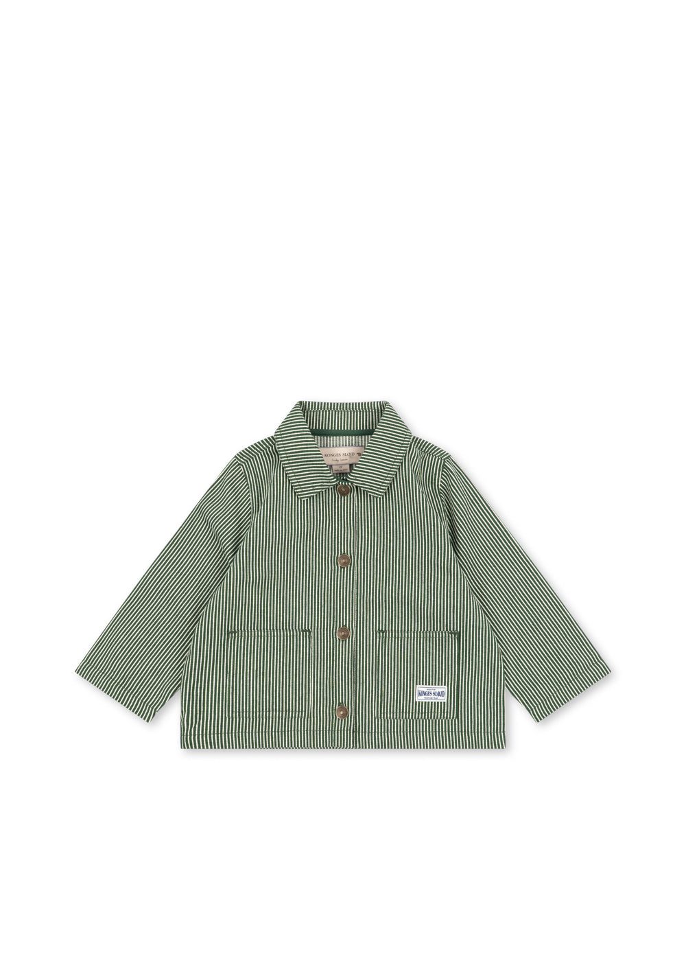 Front view of the Konges Sløjd Luc Shirt Jacket in Milk Verte Stripe print on a white background.