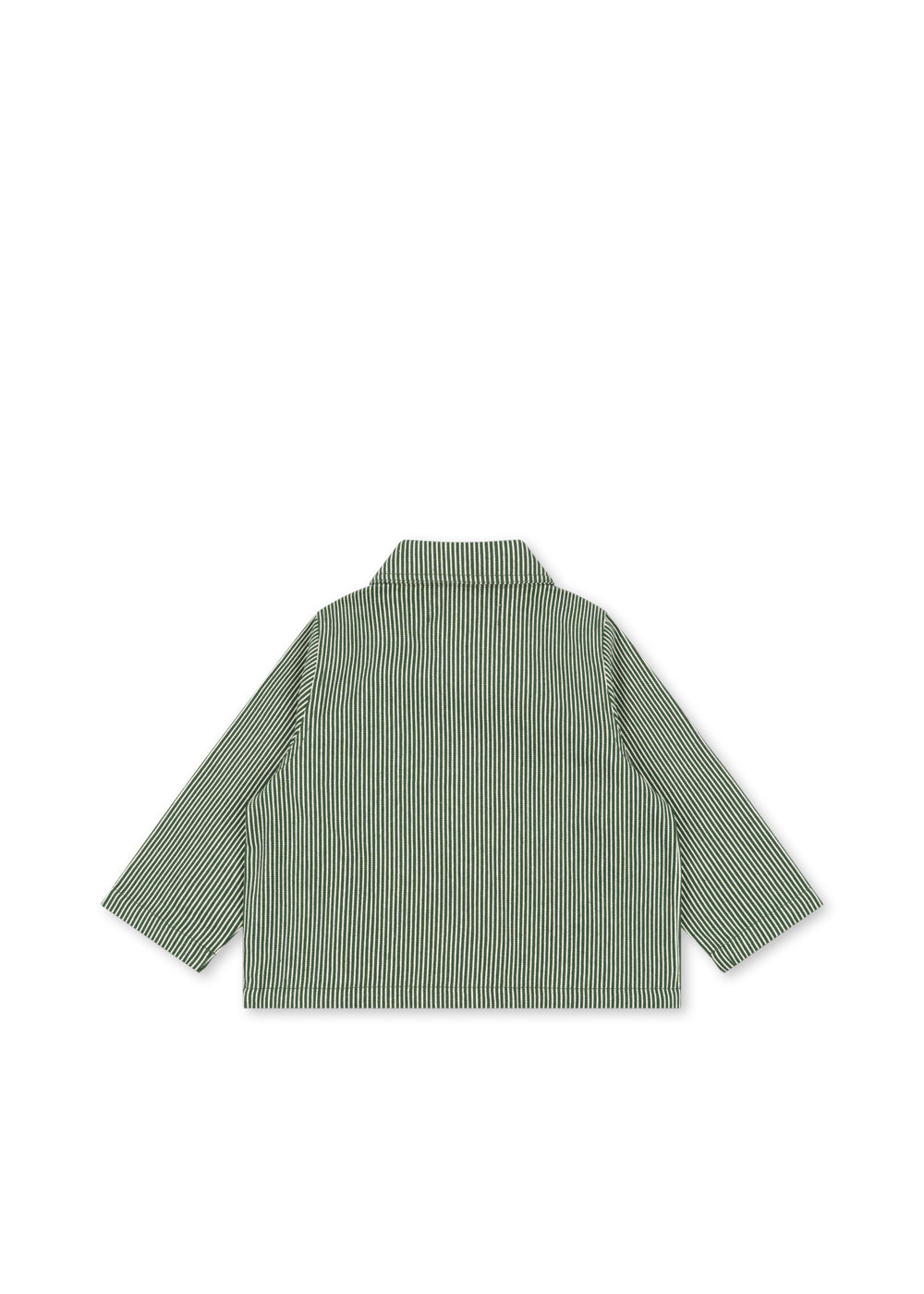 Back view of the Konges Sløjd Luc Shirt Jacket in Milk Verte Stripe print on a white background.