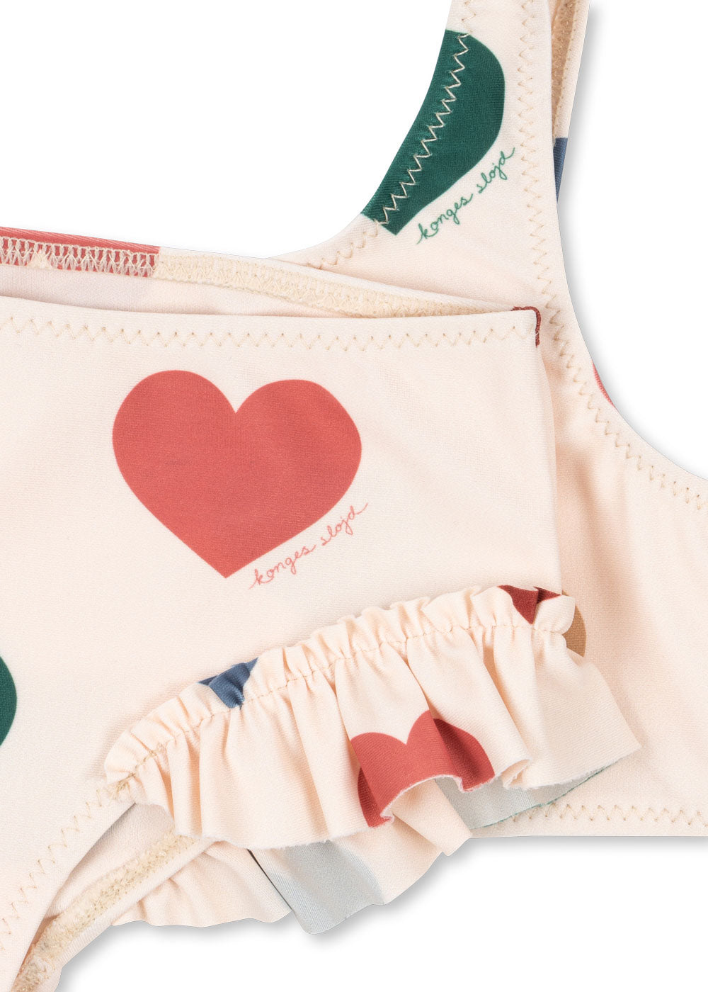 Close-up of details of the Konges Sløjd Manuca bikinis in Bon coeur coloré on a white background