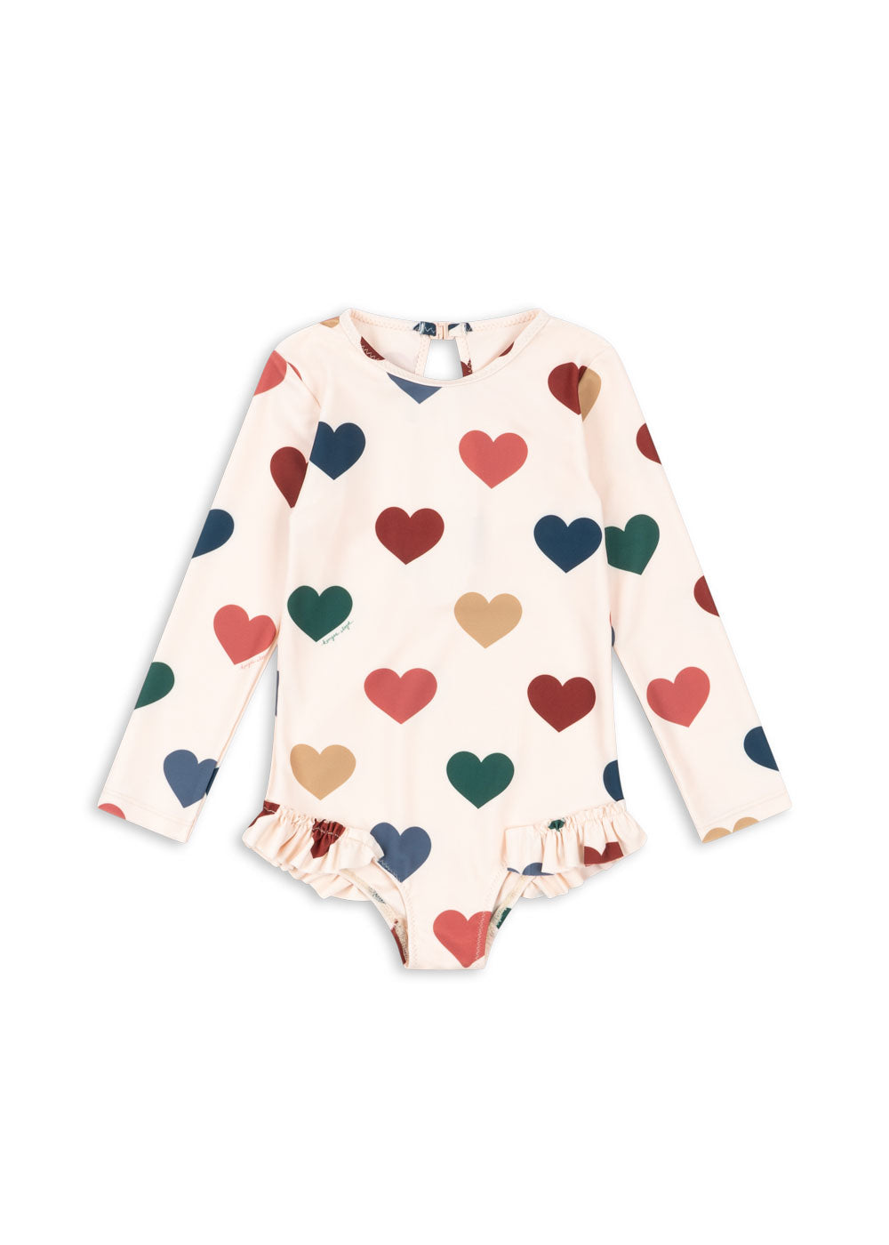 Front view of the Konges Sløjd Manuca longsleeve swimsuit in Bon coeur coloré on a white background