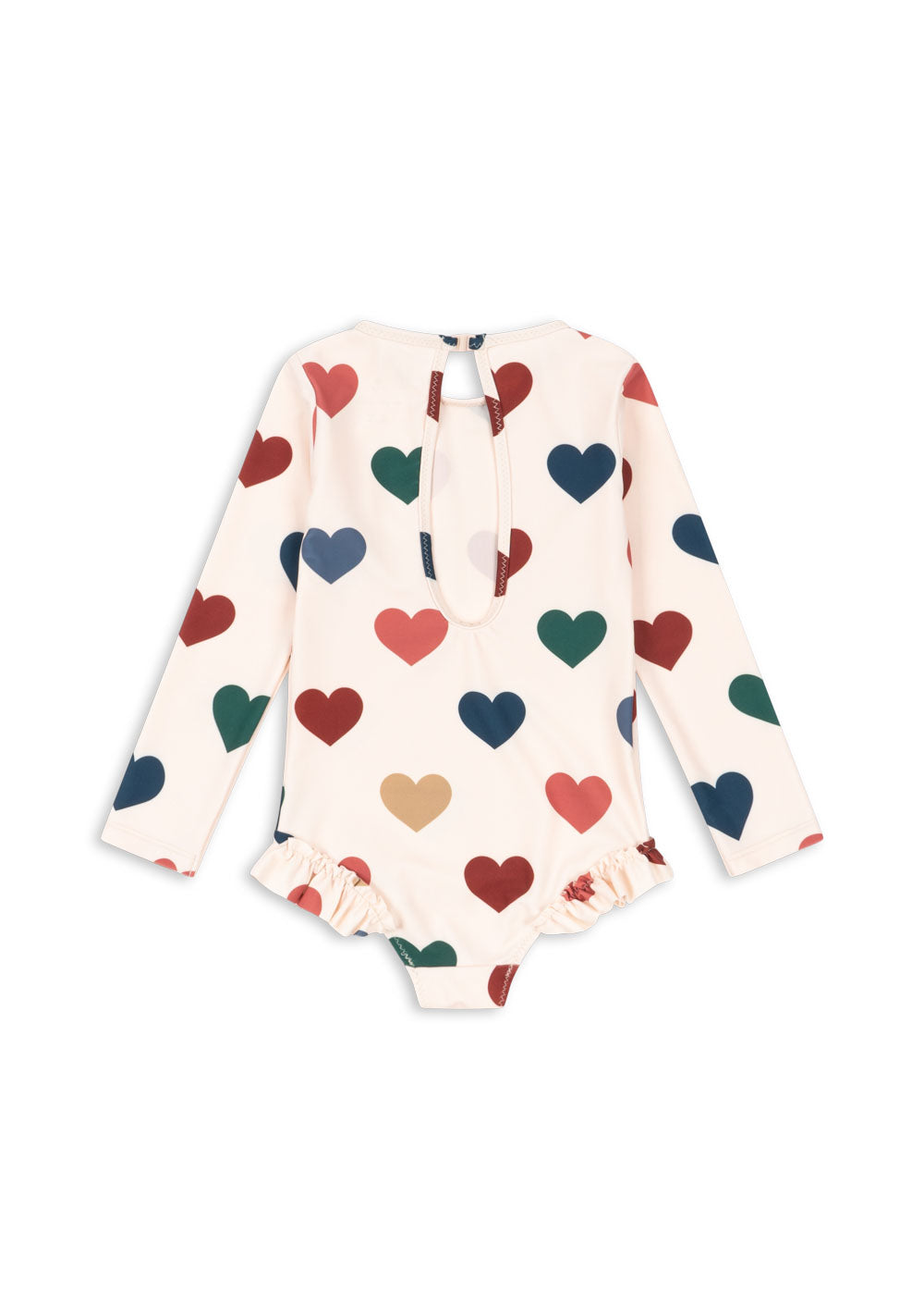 Back view of the Konges Sløjd Manuca longsleeve swimsuit in Bon coeur coloré on a white background