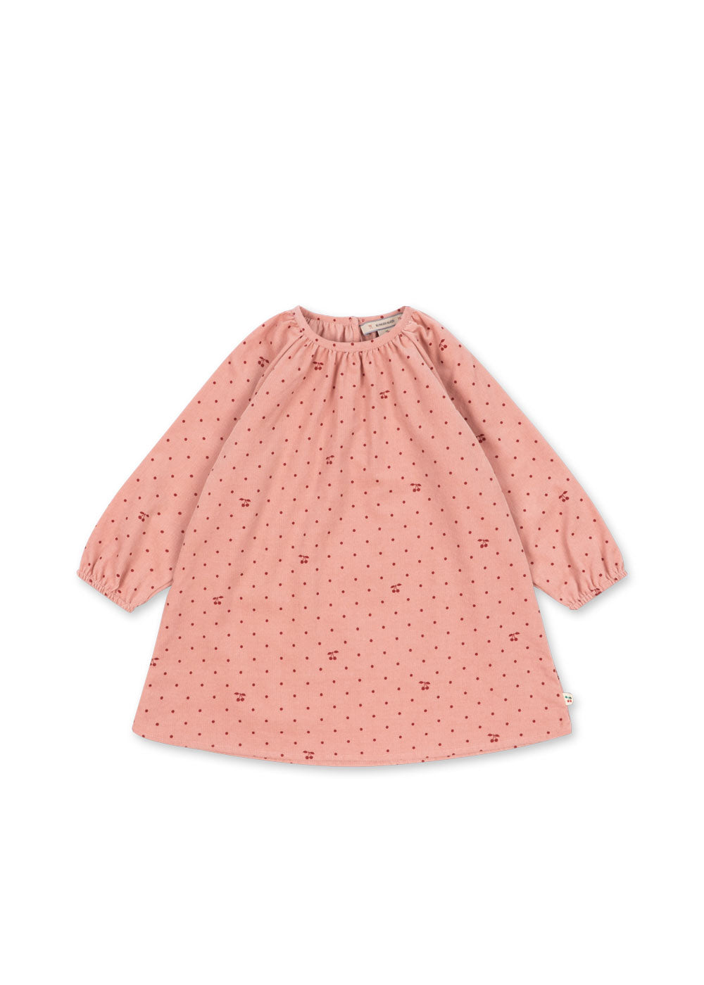 Front view of the Konges Sløjd Marlo Dress in Cherry Dot Scarlet print on a white background.