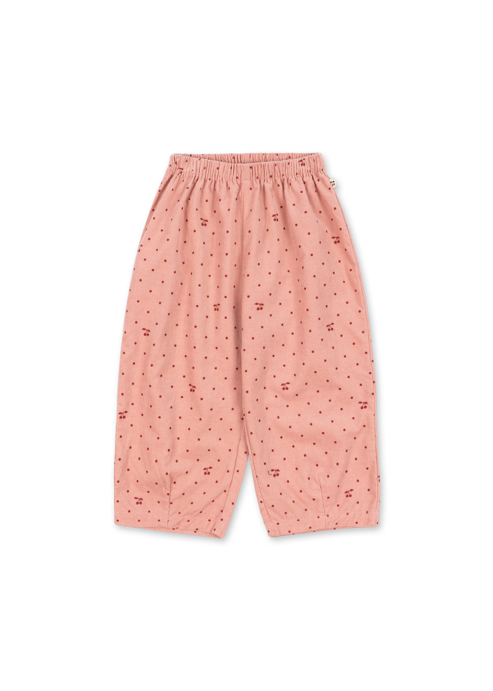 Front view of the Konges Sløjd Marlo pants in Cherry Dot Scarlet print on a white background.