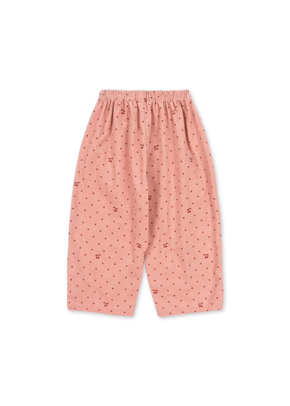 Back view of the Konges Sløjd Marlo pants in Cherry Dot Scarlet print on a white background.