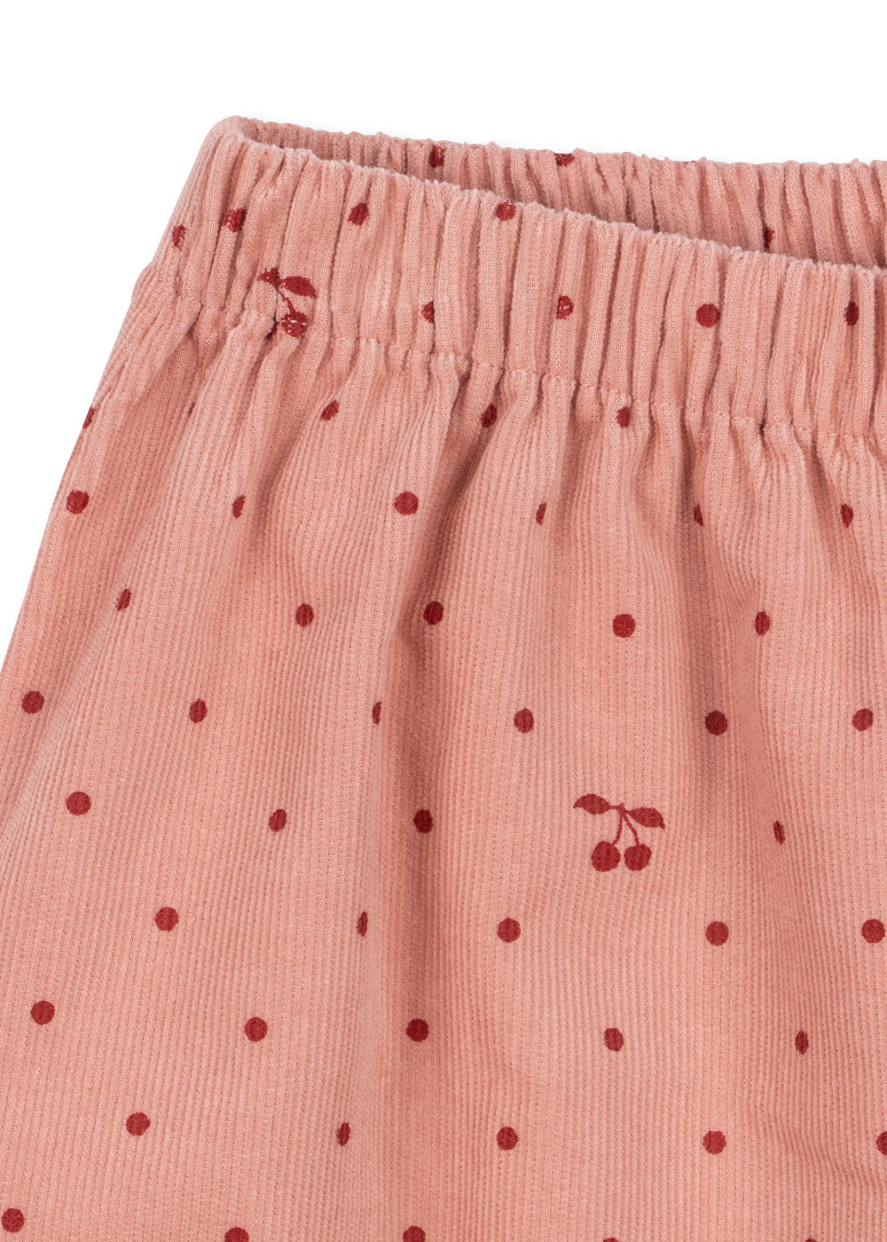 Close-up of the Konges Sløjd Marlo pants in Cherry Dot Scarlet print on a white background.