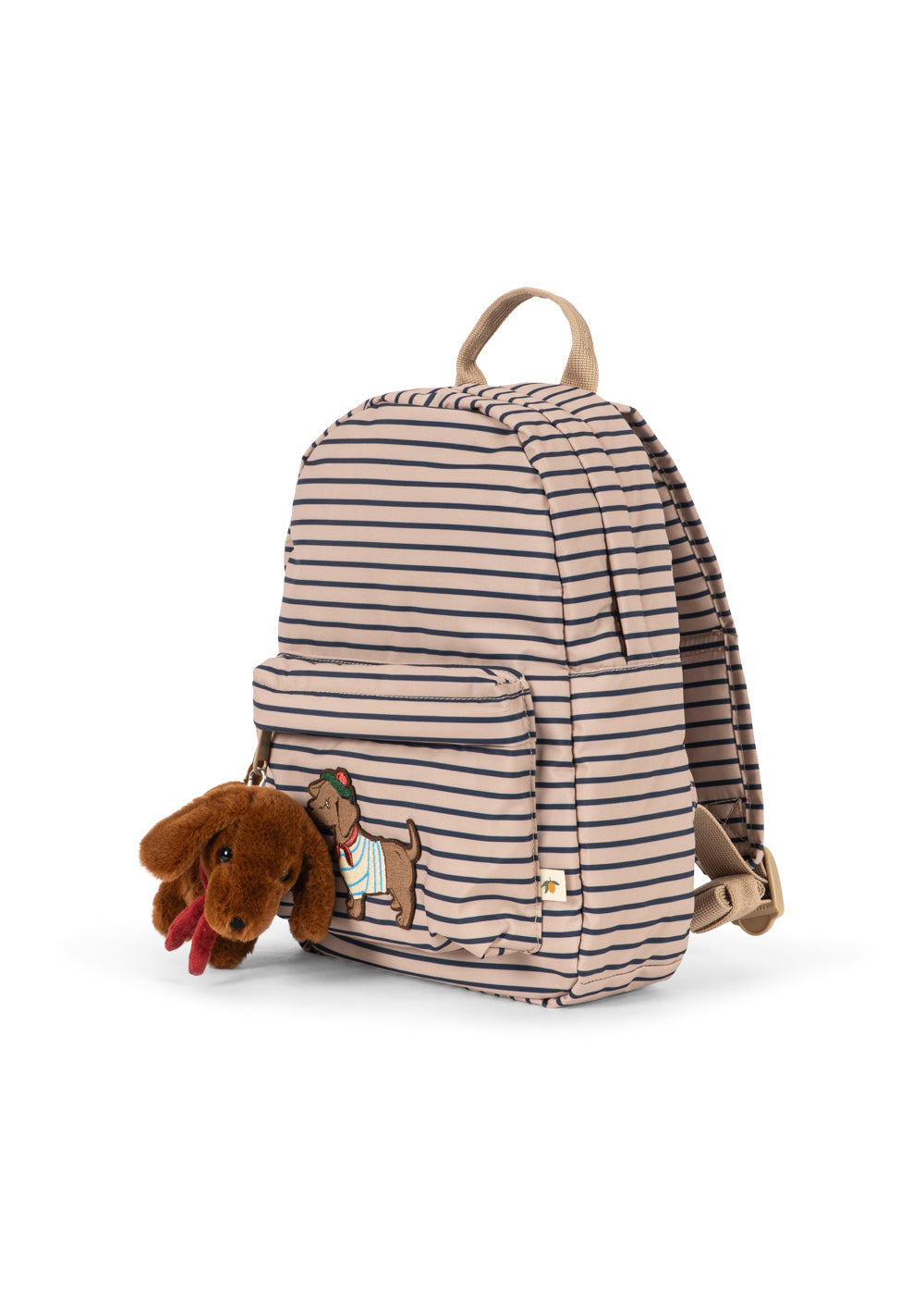 Side view of the Konges Sløjd Nohr mini backpack in Stripe la Mer on a white background.
