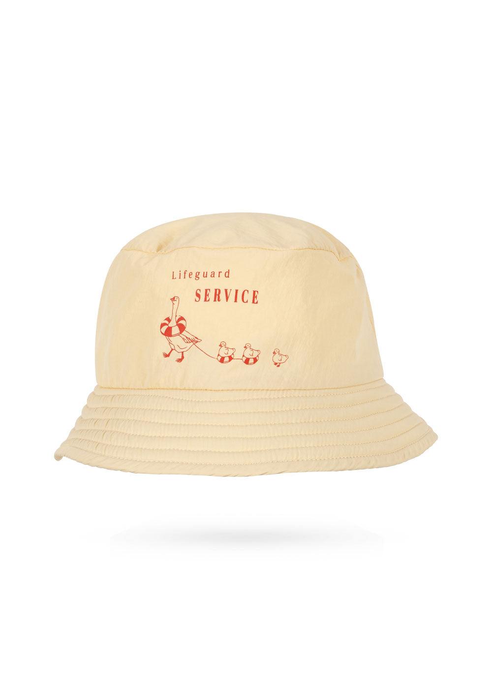 Front view of a Konges Sløjd Pomio bucket hat in banana crepe on a white background