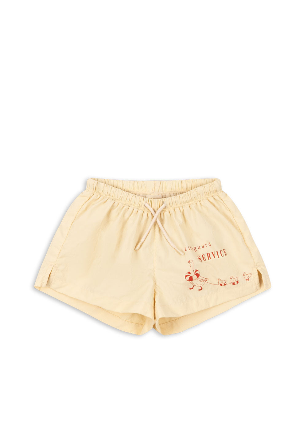 Front view of the Konges Sløjd Pomio short swim shorts in banana crepe on a white background