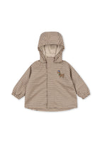 Front view of the Konges Sløjd Rainy Palme Dog rain jacket in Stripe la Mer on a white background.