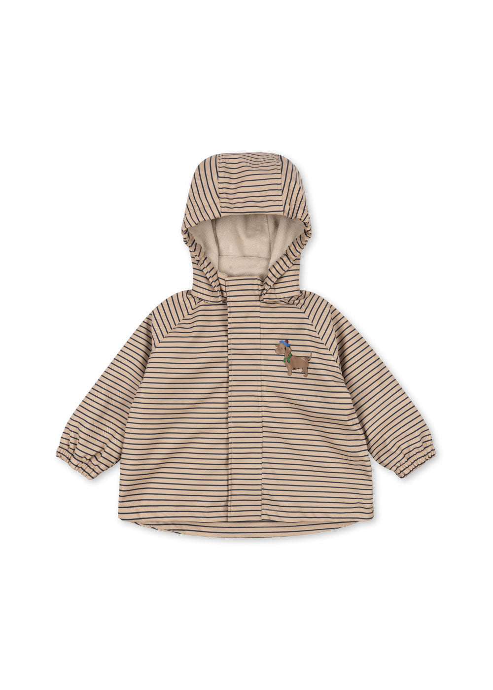 Front view of the Konges Sløjd Rainy Palme Dog rain jacket in Stripe la Mer on a white background.