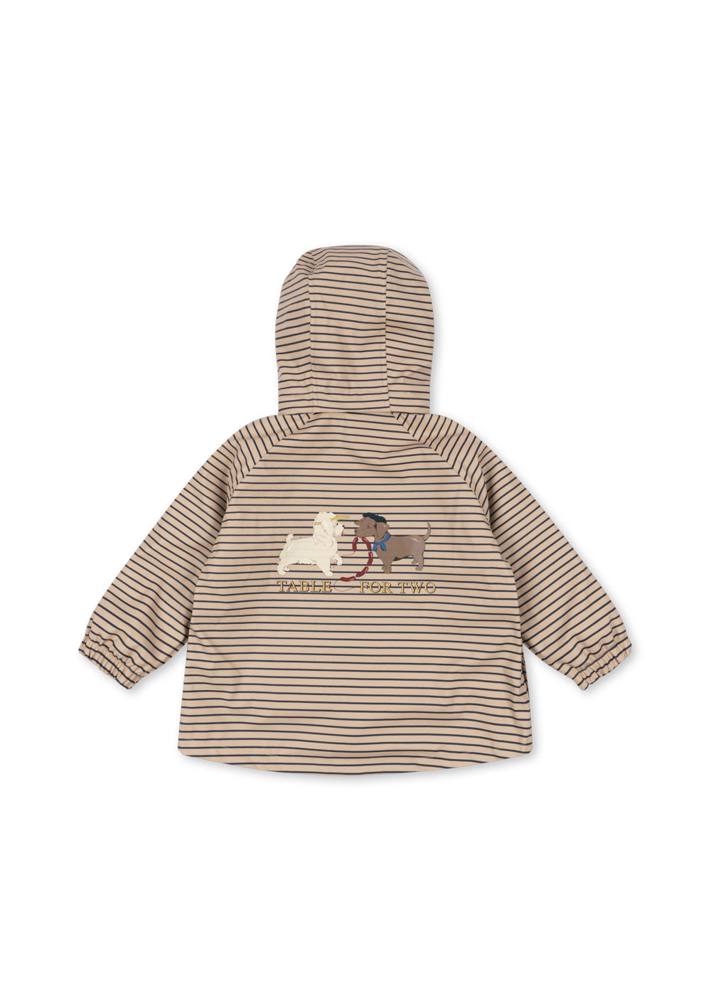 Back view of the Konges Sløjd Rainy Palme Dog rain jacket in Stripe la Mer on a white background.