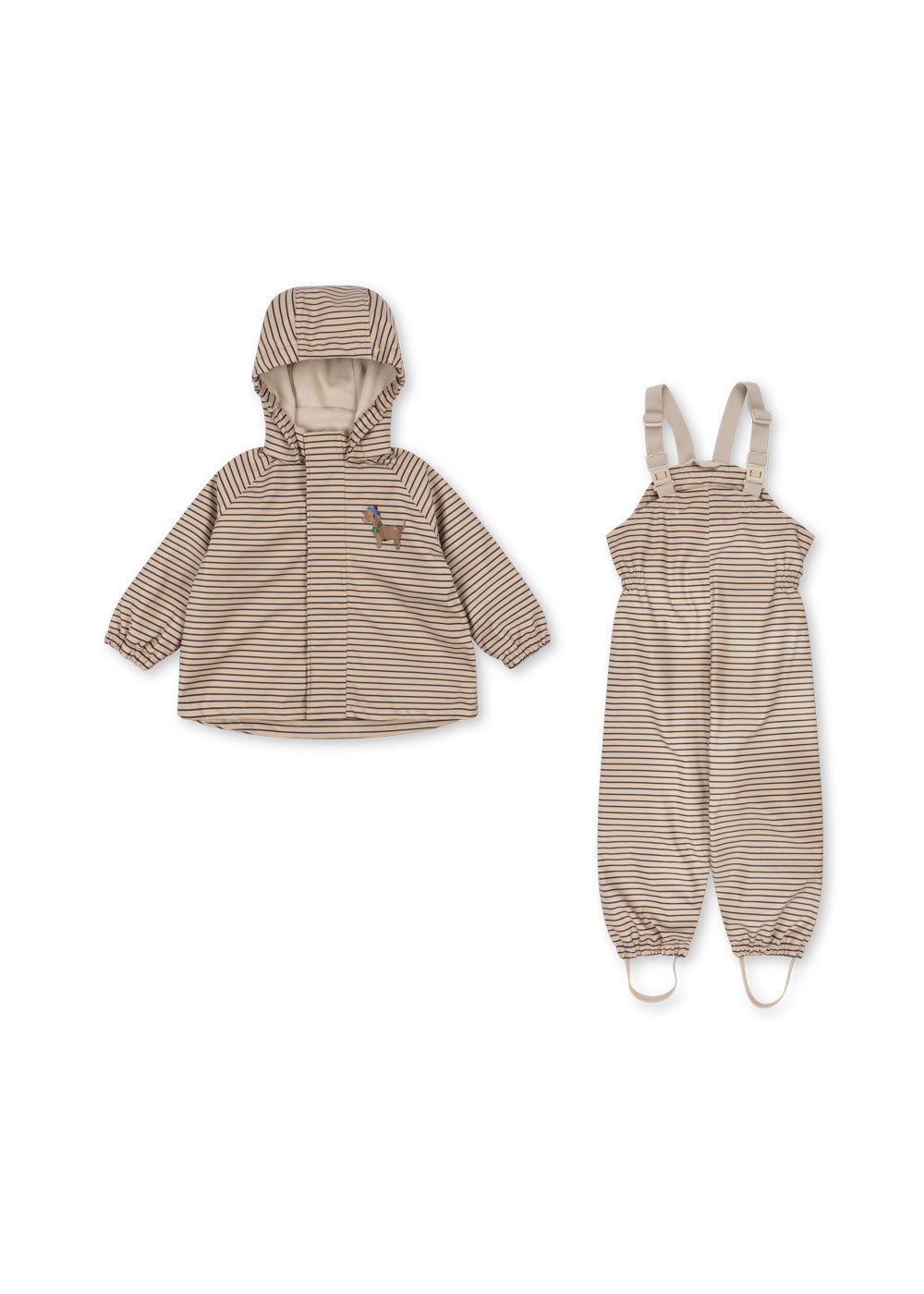 Front view of the Konges Sløjd Rainy Palme Dog set in Stripe la Mer on a white background.