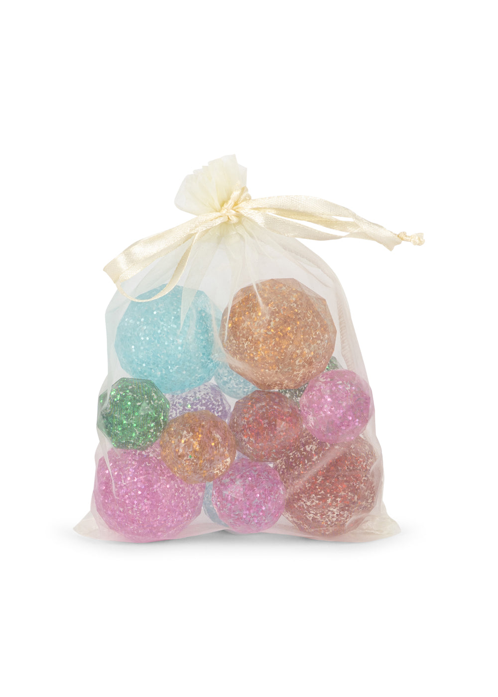 Konges Sløjd Star Bouncing Balls in multi color in a cream bag on a white background.