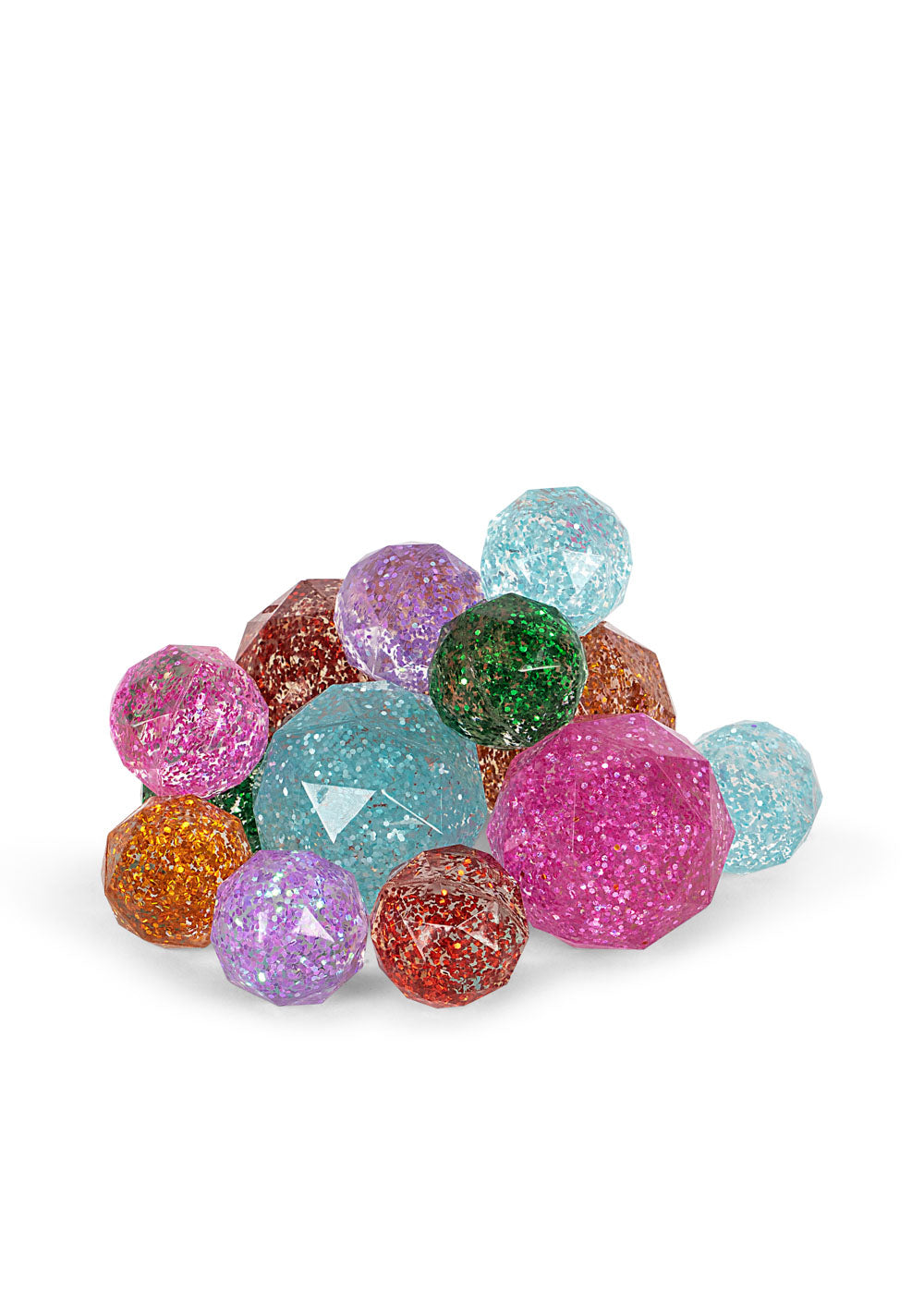 A pile of Konges Sløjd Star Bouncing Balls in multi color on a white background.
