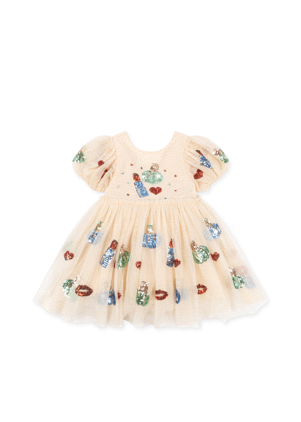 Front view of the Konges Sløjd Yvonne puff dress in Bacio on a white background.