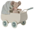 Maileg Baby Mouse in a Mint pram on a white background