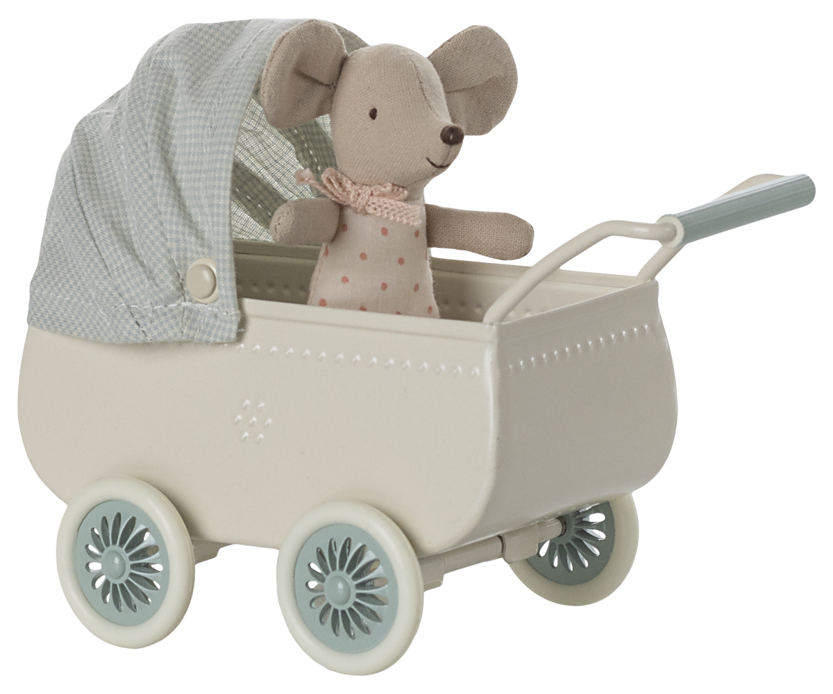 Maileg Baby Mouse in a Mint pram on a white background