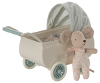 Maileg Baby Mouse styled in front of a Mint pram on a white background