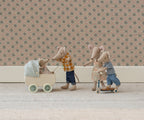 Maileg Pram with Baby Mouse in Mint styled with other mice (not included)
